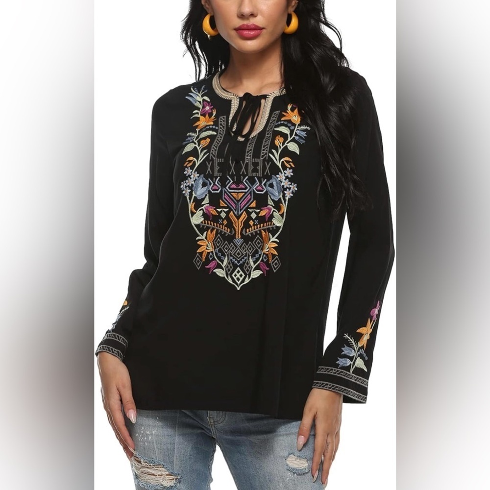 AK Boho Embroidered Mexican Tops Long Sleeve Peasant Loose Tunics Blouse S